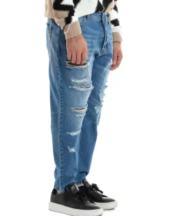 Jeans Uomo Con Rotture Stone Washed Pantaloni Cinque Tasche Cotone Casual Lavaggio Medio Denim GIOSAL-JS1058A
