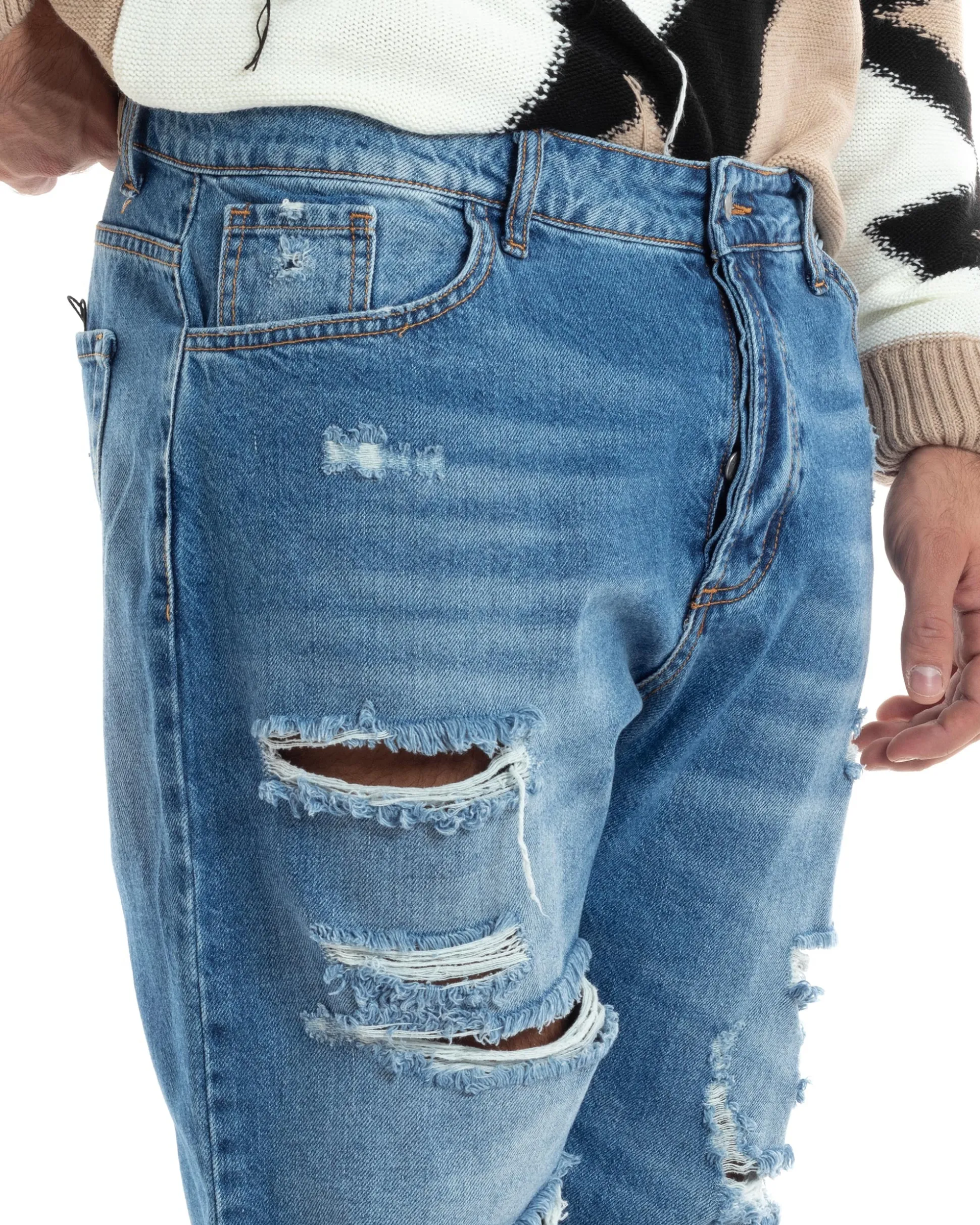 Jeans Uomo Con Rotture Stone Washed Pantaloni Cinque Tasche Cotone Casual Lavaggio Medio Denim GIOSAL-JS1058A