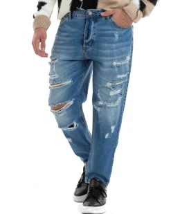 Jeans Uomo Con Rotture Stone Washed Pantaloni Cinque Tasche Cotone Casual Lavaggio Medio Denim GIOSAL-JS1058A