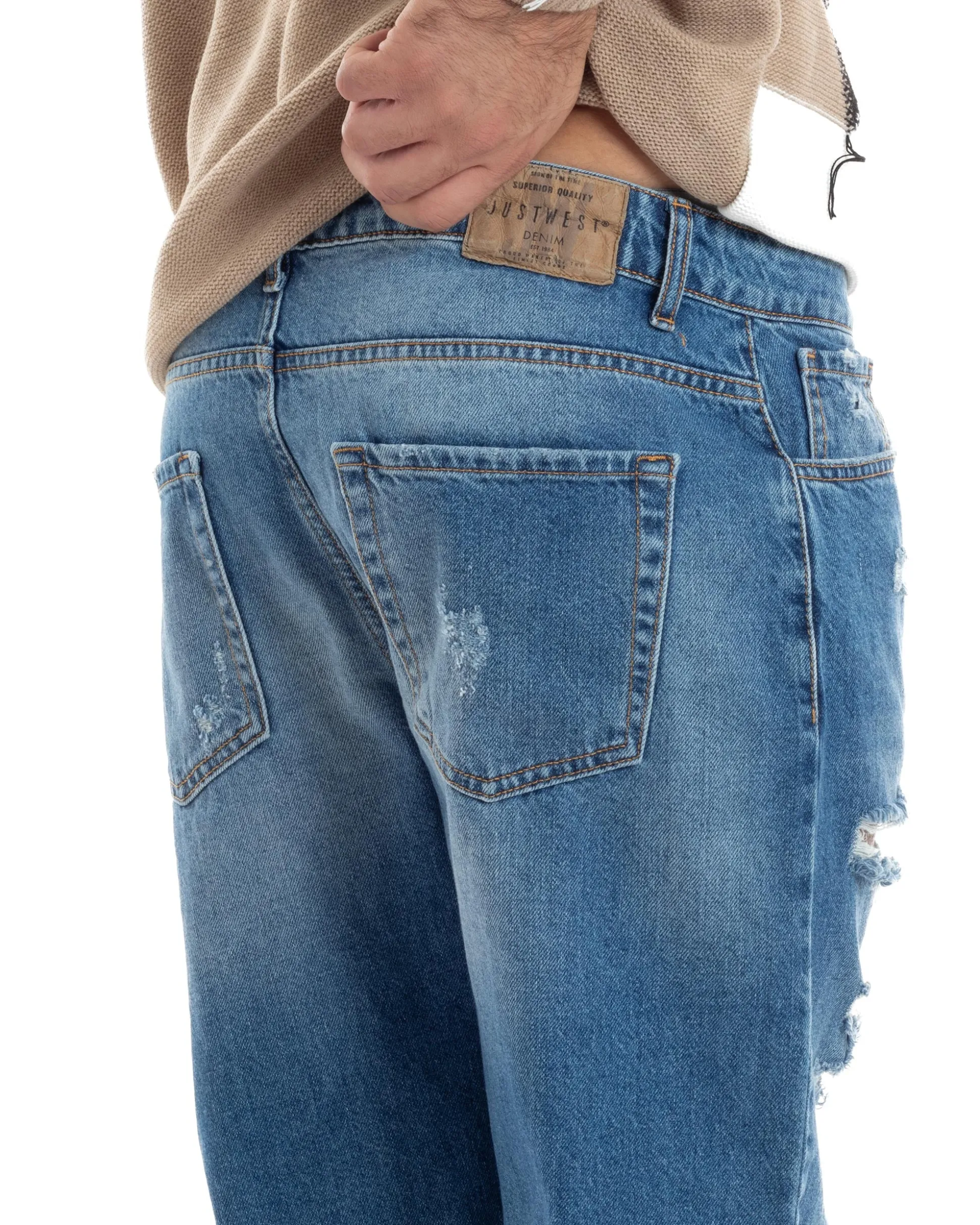 Jeans Uomo Con Rotture Stone Washed Pantaloni Cinque Tasche Cotone Casual Lavaggio Medio Denim GIOSAL-JS1058A