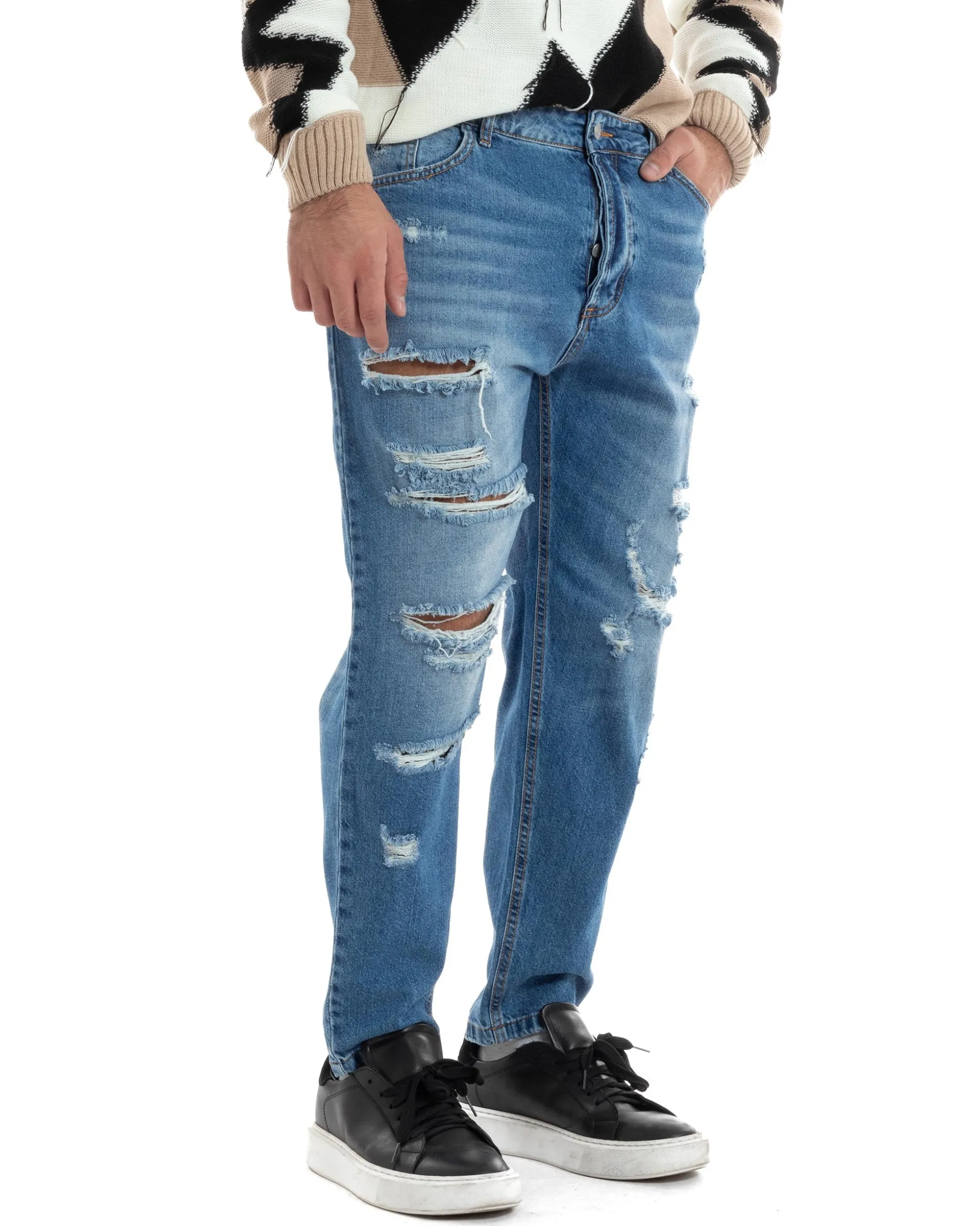 Jeans Uomo Con Rotture Stone Washed Pantaloni Cinque Tasche Cotone Casual Lavaggio Medio Denim GIOSAL-JS1058A