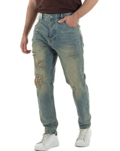 Jeans uomo cropped fit destroyed con toppe vintage sabbiato denim BERNA M-261279