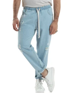 Jeans Uomo Jogger Loose Fit Pantalaccio Con Rotture Denim Chiaro JS1083A
