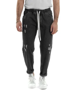 Jeans Uomo Jogger Loose Fit Pantalaccio Con Rotture Denim Nero JS1084A