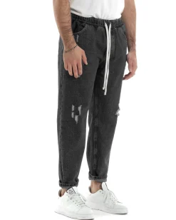 Jeans Uomo Jogger Loose Fit Pantalaccio Con Rotture Denim Nero JS1084A