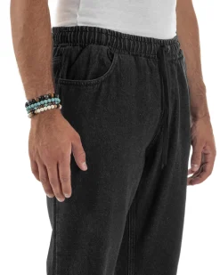 Jeans Uomo Jogger Taglio Ginocchio Basic Pantalaccio Loose Fit Denim Nero JS1132A