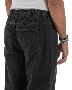 Jeans Uomo Jogger Taglio Ginocchio Basic Pantalaccio Loose Fit Denim Nero JS1132A