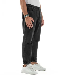 Jeans Uomo Jogger Taglio Ginocchio Basic Pantalaccio Loose Fit Denim Nero JS1132A