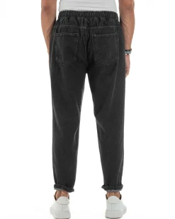Jeans Uomo Jogger Taglio Ginocchio Basic Pantalaccio Loose Fit Denim Nero JS1132A
