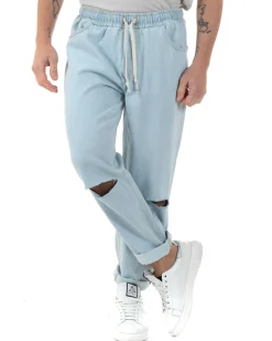 Jeans Uomo Jogger Taglio Ginocchio Basic Pantalaccio Loose Fit Denim Chiaro JS1095A