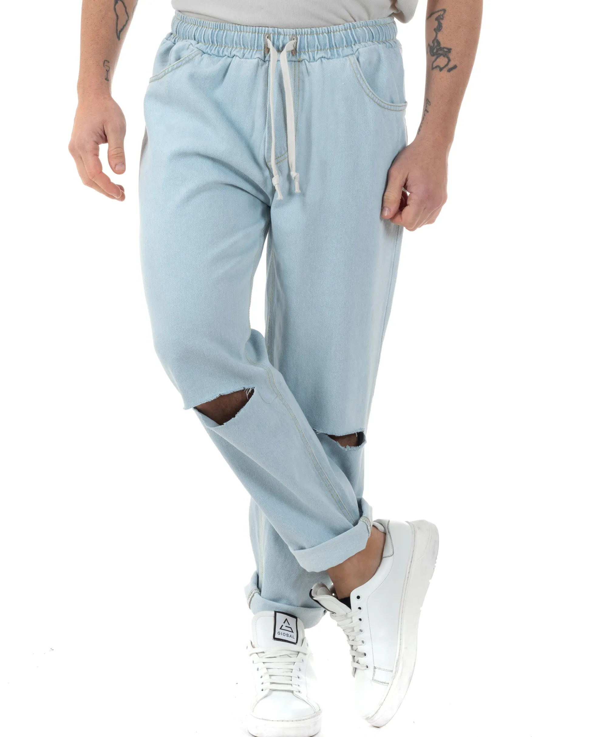 Jeans Uomo Jogger Taglio Ginocchio Basic Pantalaccio Loose Fit Denim Chiaro JS1095A