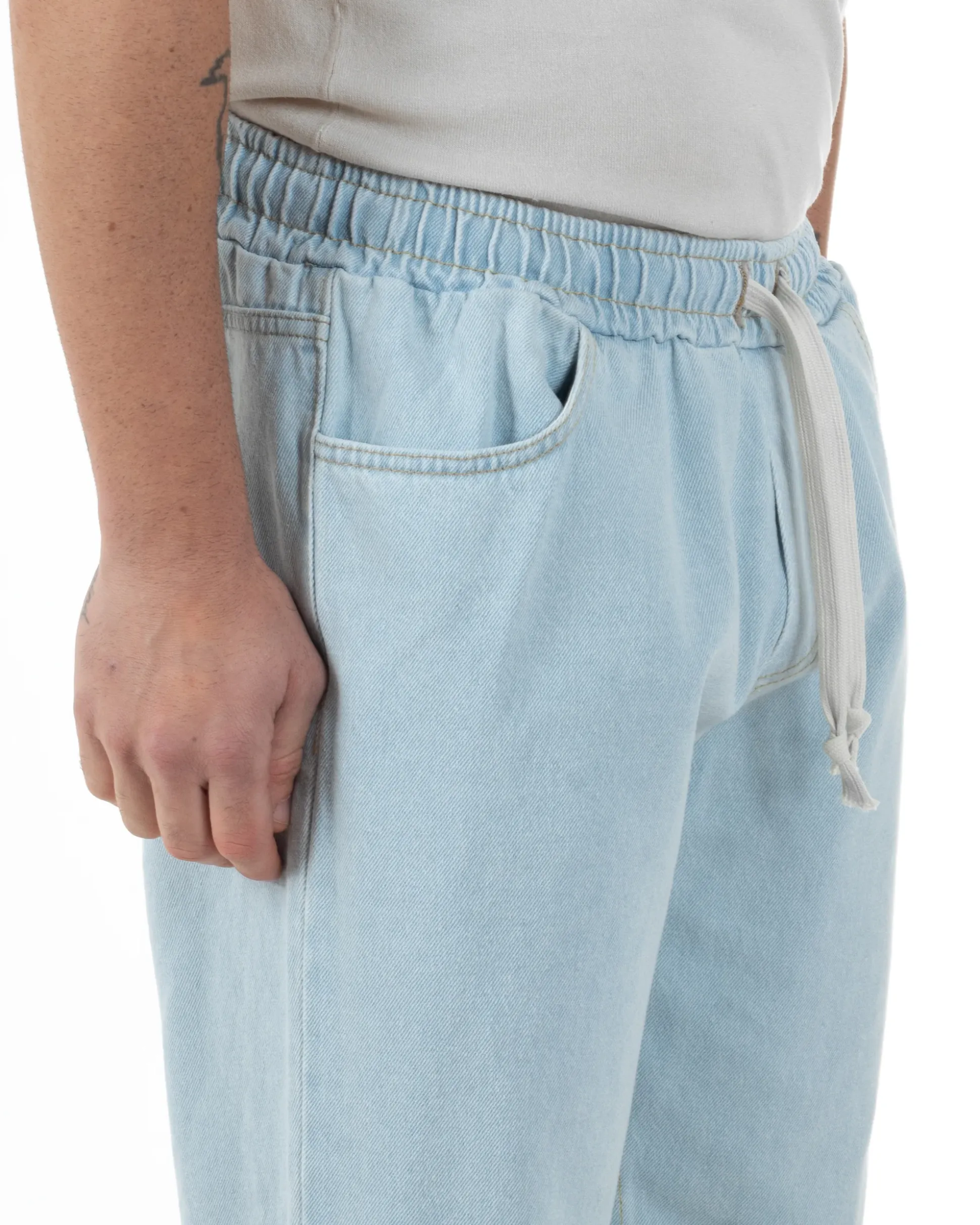 Jeans Uomo Jogger Taglio Ginocchio Basic Pantalaccio Loose Fit Denim Chiaro JS1095A