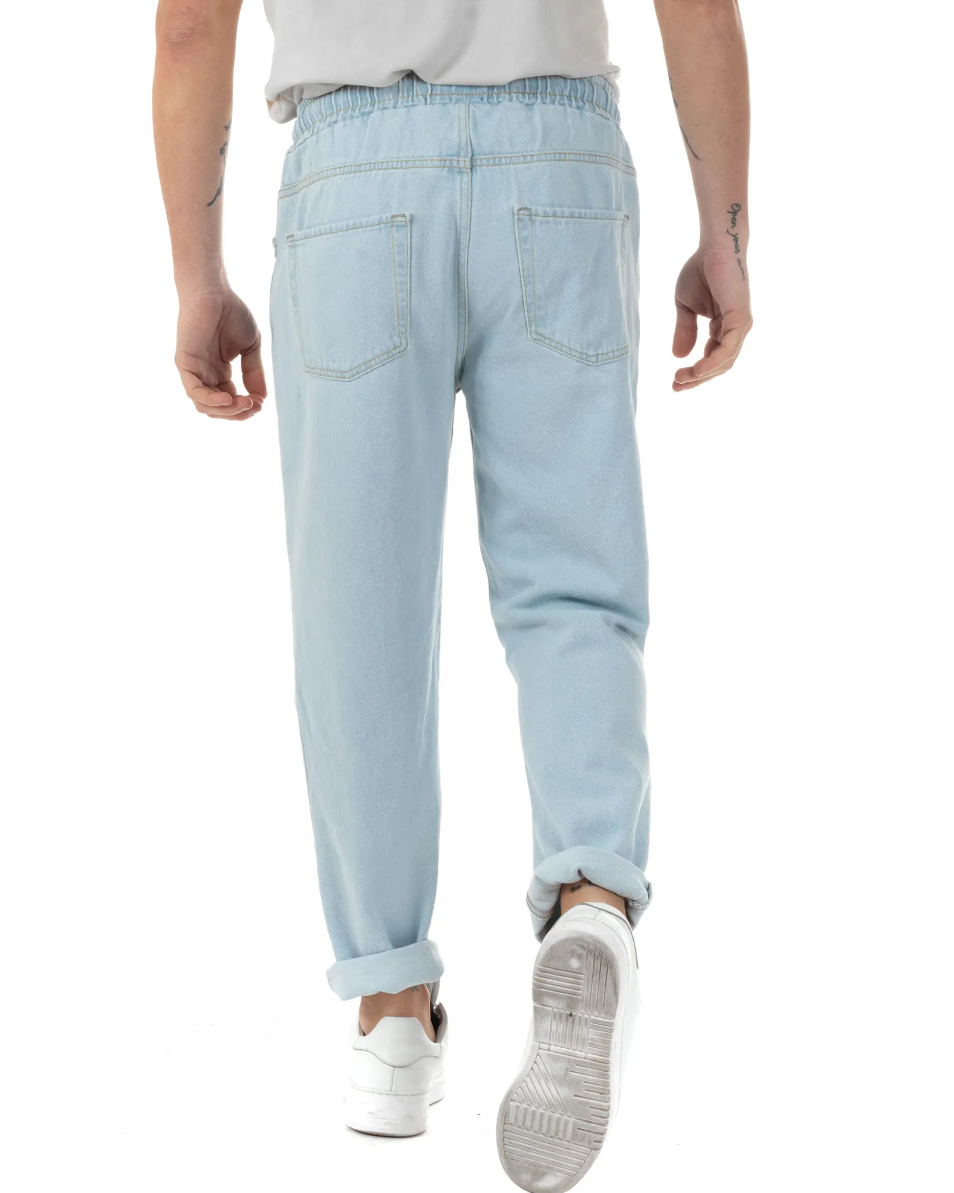 Jeans Uomo Jogger Taglio Ginocchio Basic Pantalaccio Loose Fit Denim Chiaro JS1095A
