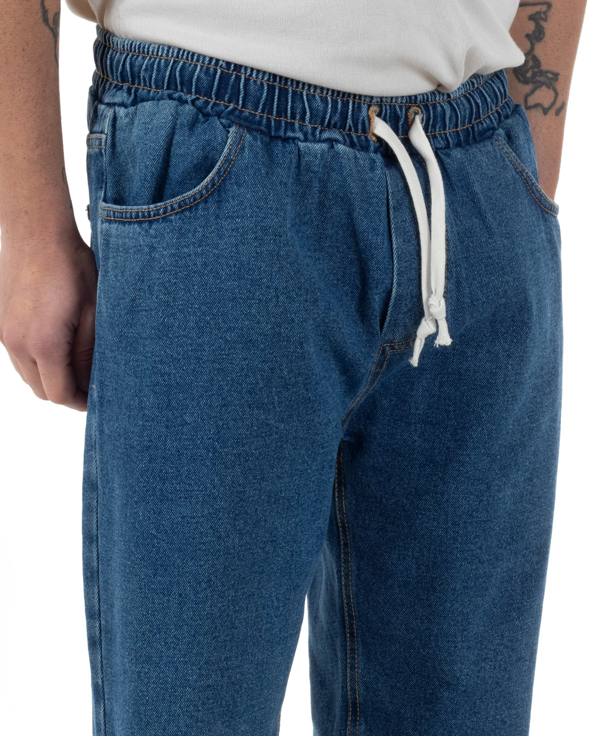 Jeans Uomo Jogger Taglio Ginocchio Basic Pantalaccio Loose Fit Denim Scuro JS1096A