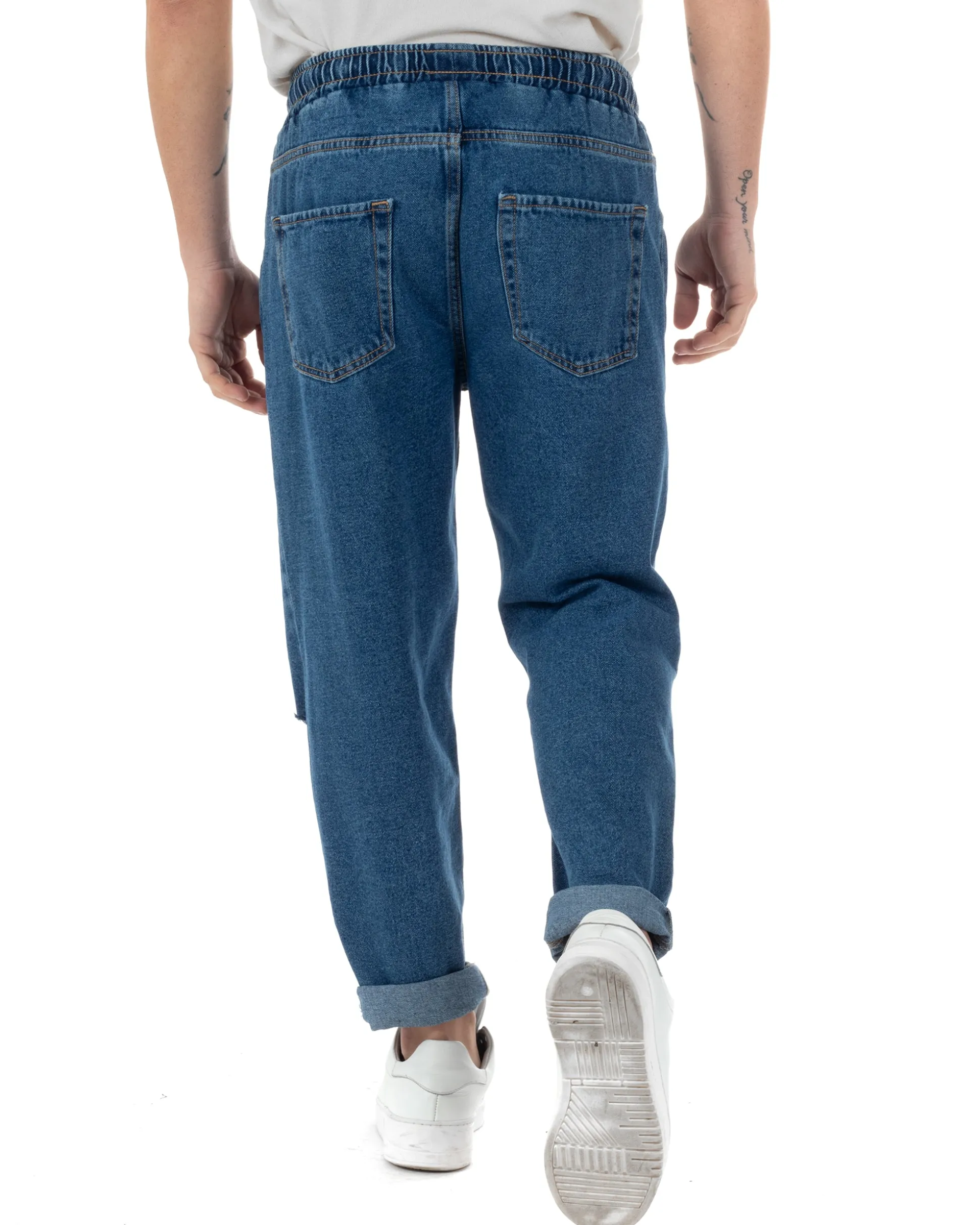 Jeans Uomo Jogger Taglio Ginocchio Basic Pantalaccio Loose Fit Denim Scuro JS1096A