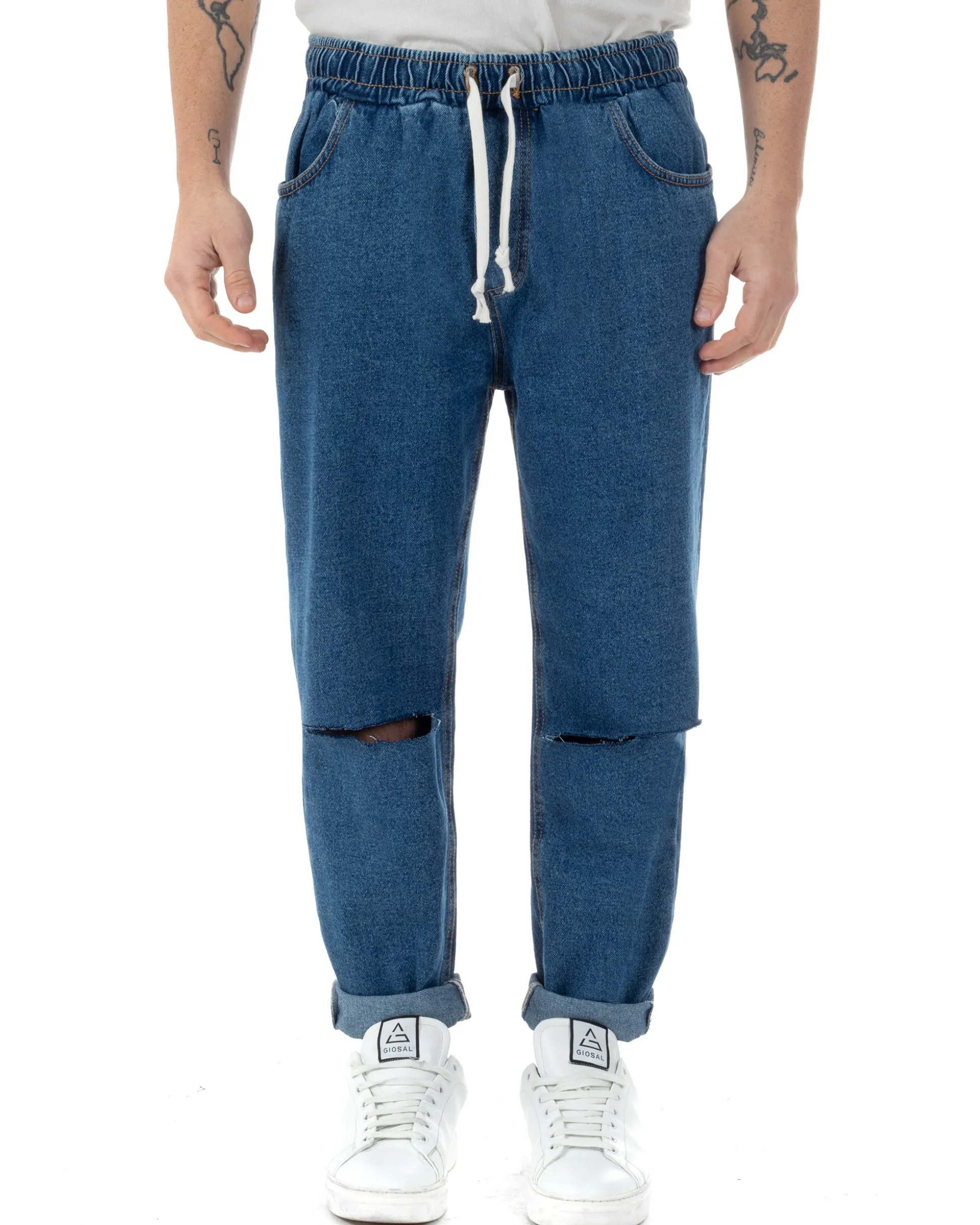 Jeans Uomo Jogger Taglio Ginocchio Basic Pantalaccio Loose Fit Denim Scuro JS1096A