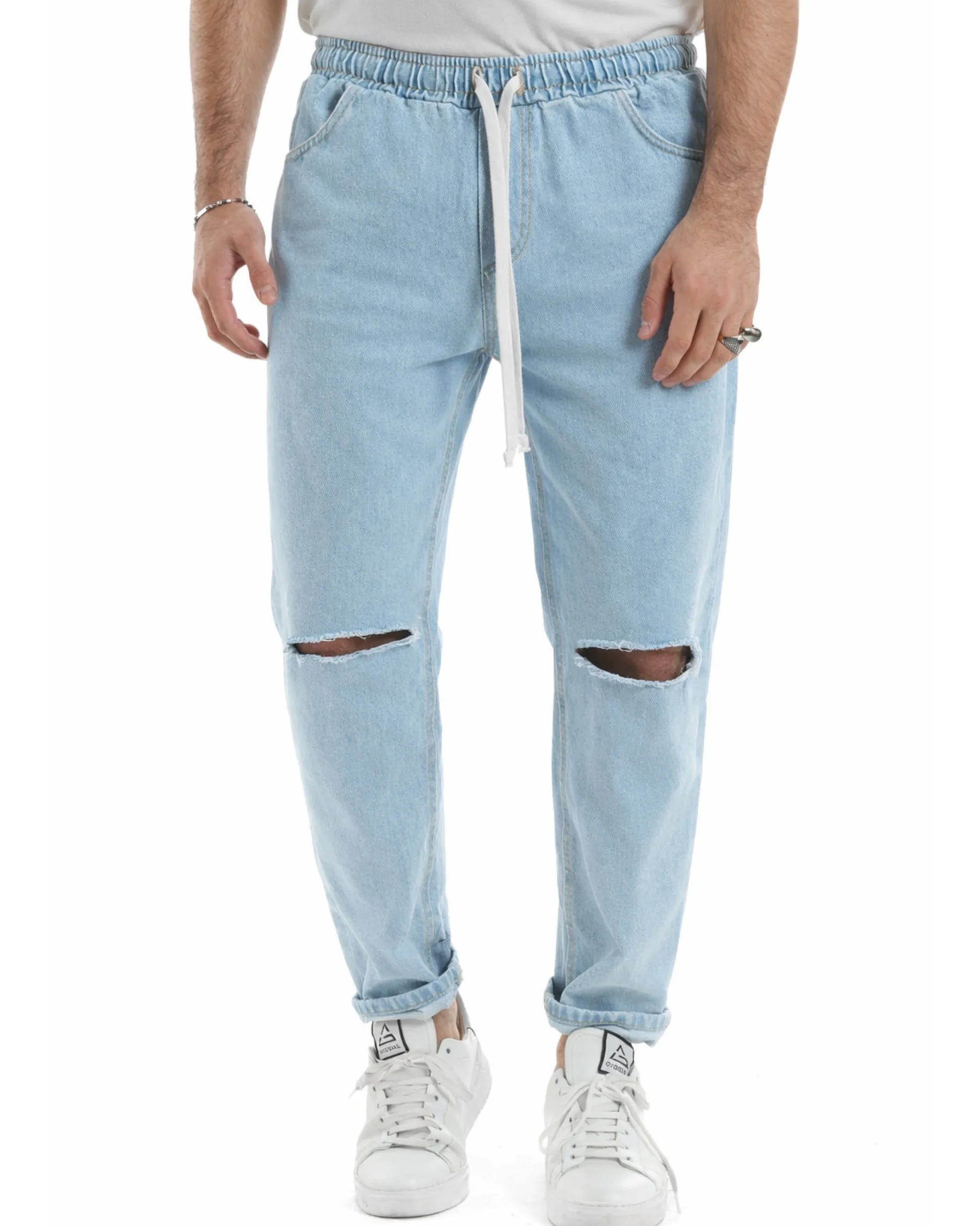 Jeans Uomo Jogger Taglio Ginocchio Basic Pantalaccio Loose Fit Denim Medio JS1112A