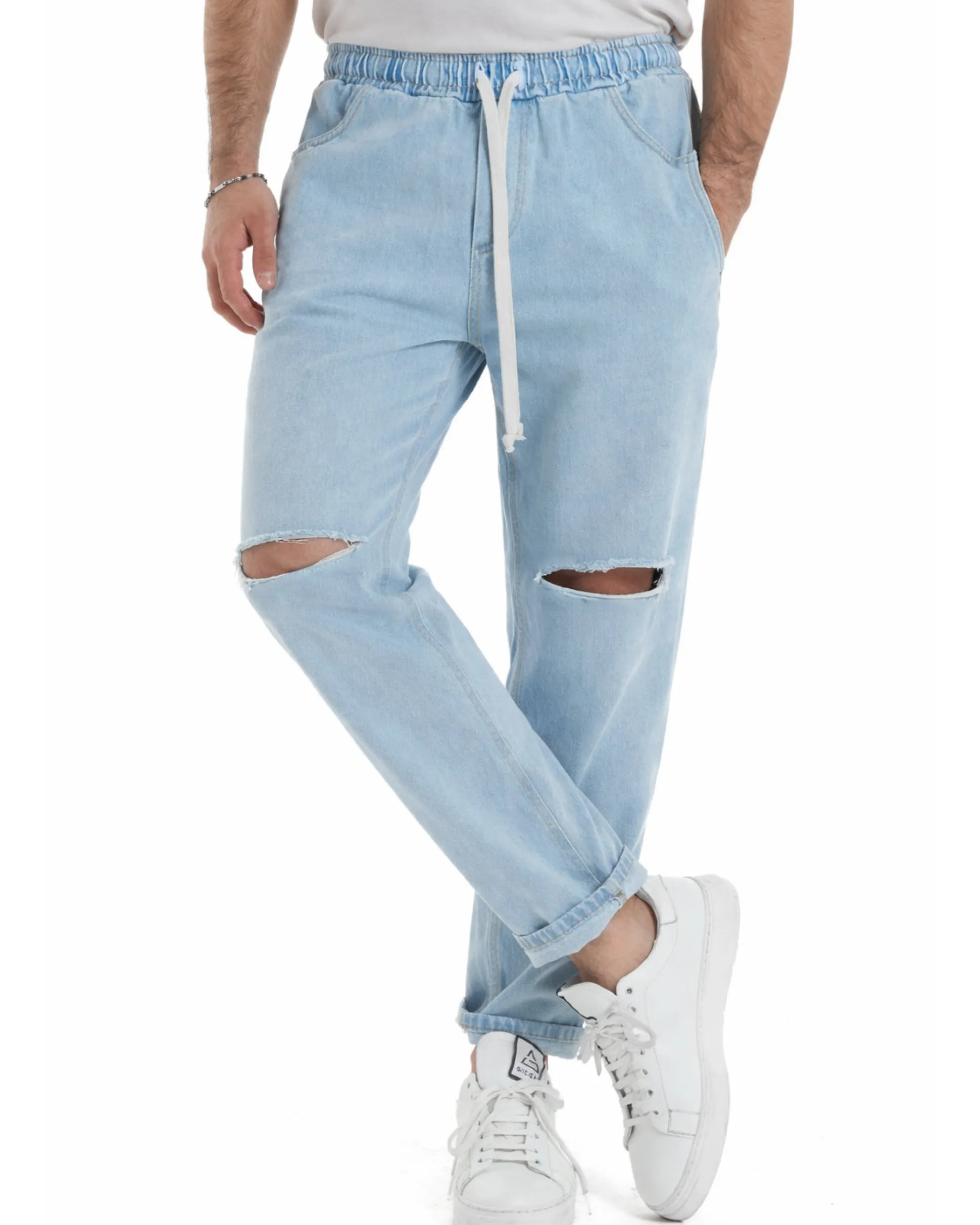 Jeans Uomo Jogger Taglio Ginocchio Basic Pantalaccio Loose Fit Denim Medio JS1112A