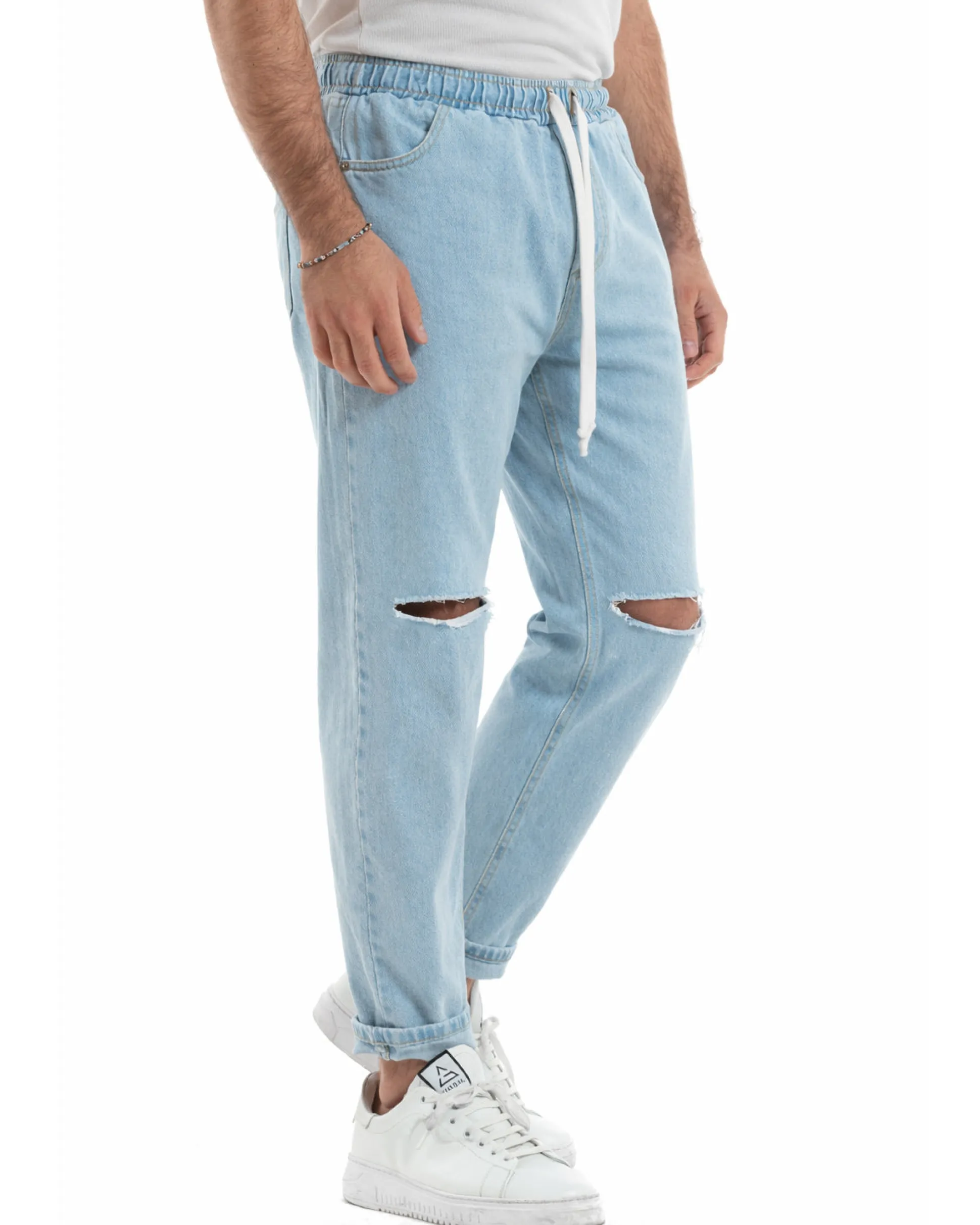 Jeans Uomo Jogger Taglio Ginocchio Basic Pantalaccio Loose Fit Denim Medio JS1112A