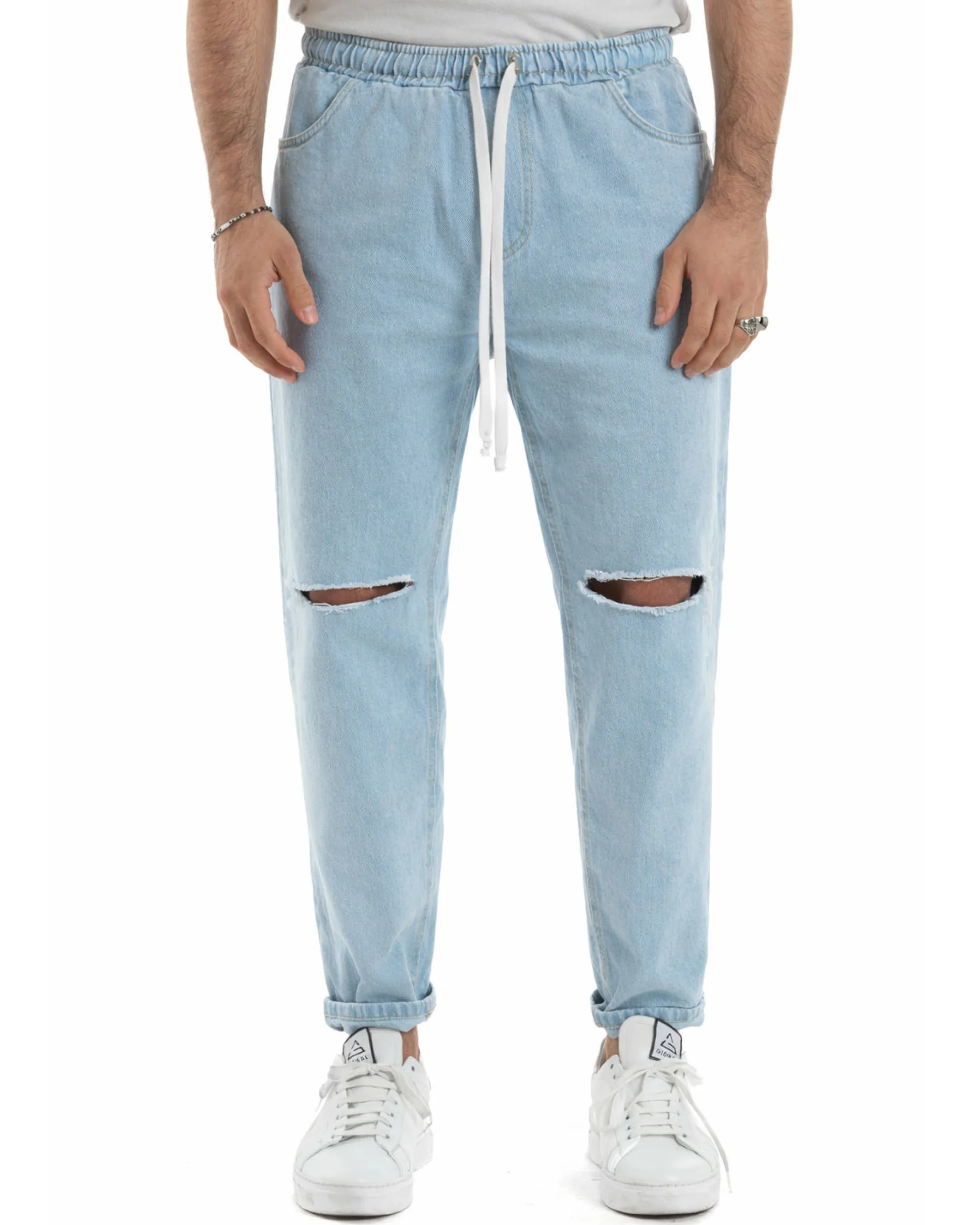 Jeans Uomo Jogger Taglio Ginocchio Basic Pantalaccio Loose Fit Denim Medio JS1112A