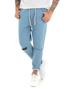 Jeans Uomo Jogger Taglio Ginocchio Basic Pantalaccio Loose Fit Denim Medio P4079A