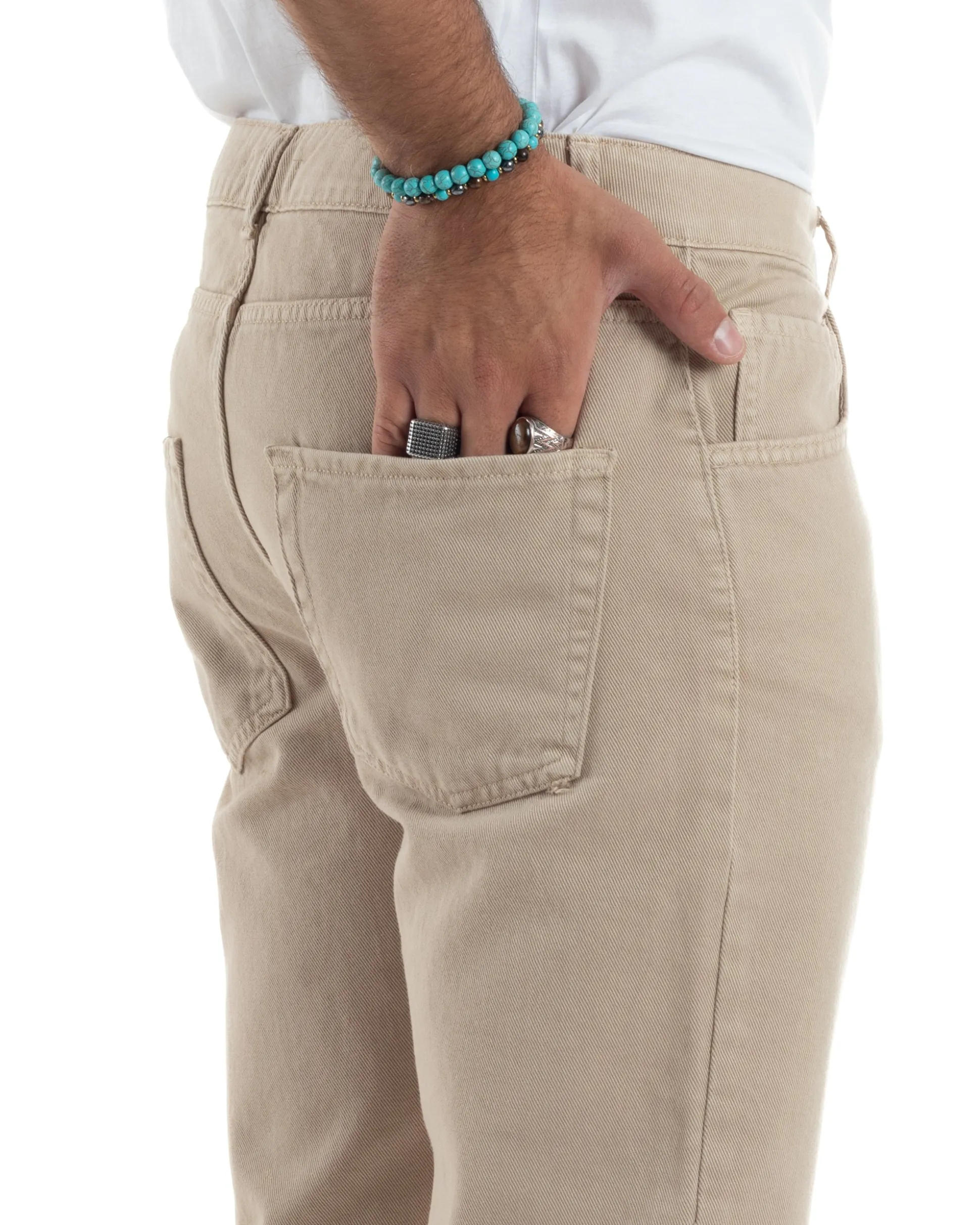Jeans Uomo Loose Fit Pantaloni Cotone Casual Basic Beige JS1113A