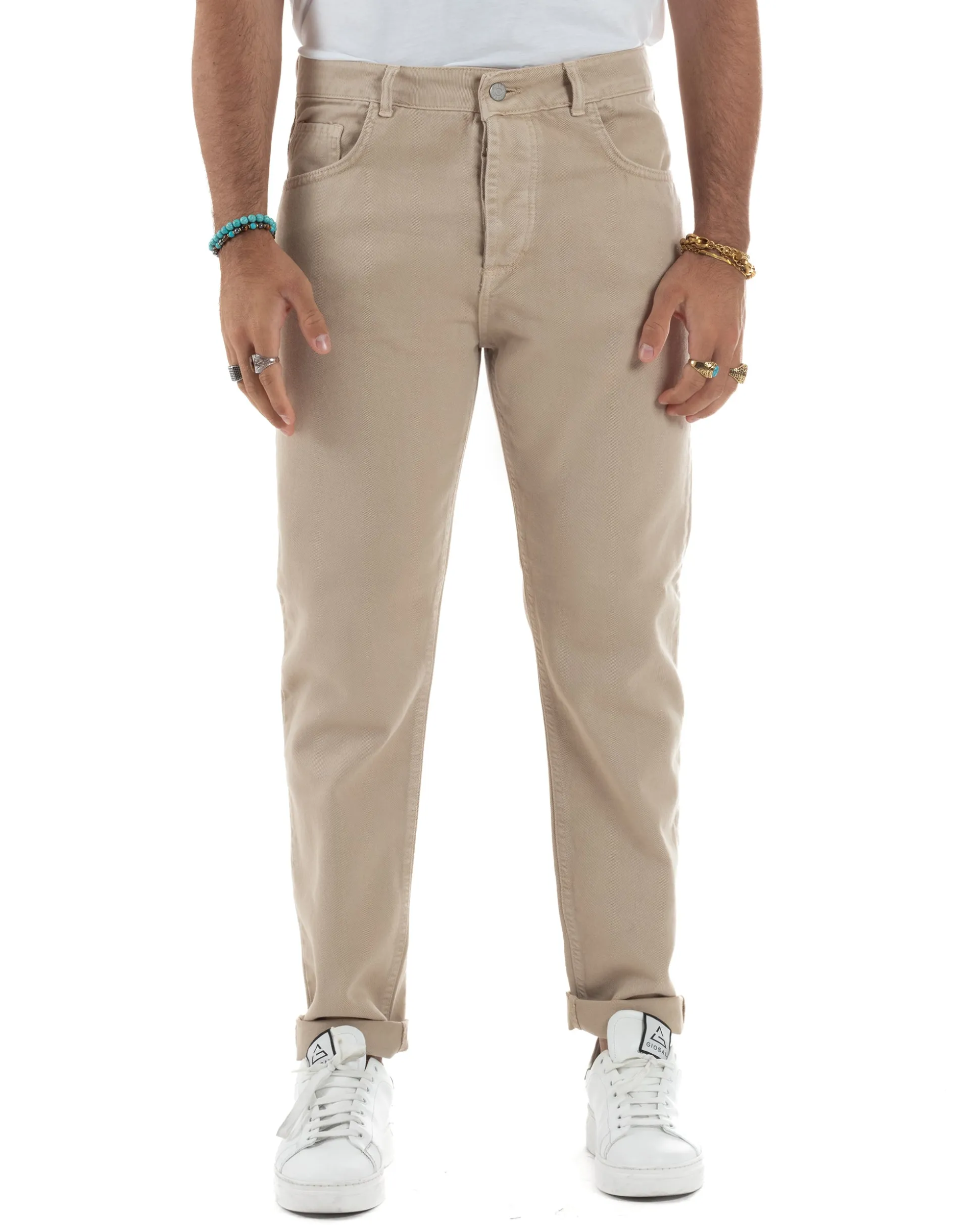 Jeans Uomo Loose Fit Pantaloni Cotone Casual Basic Beige JS1113A
