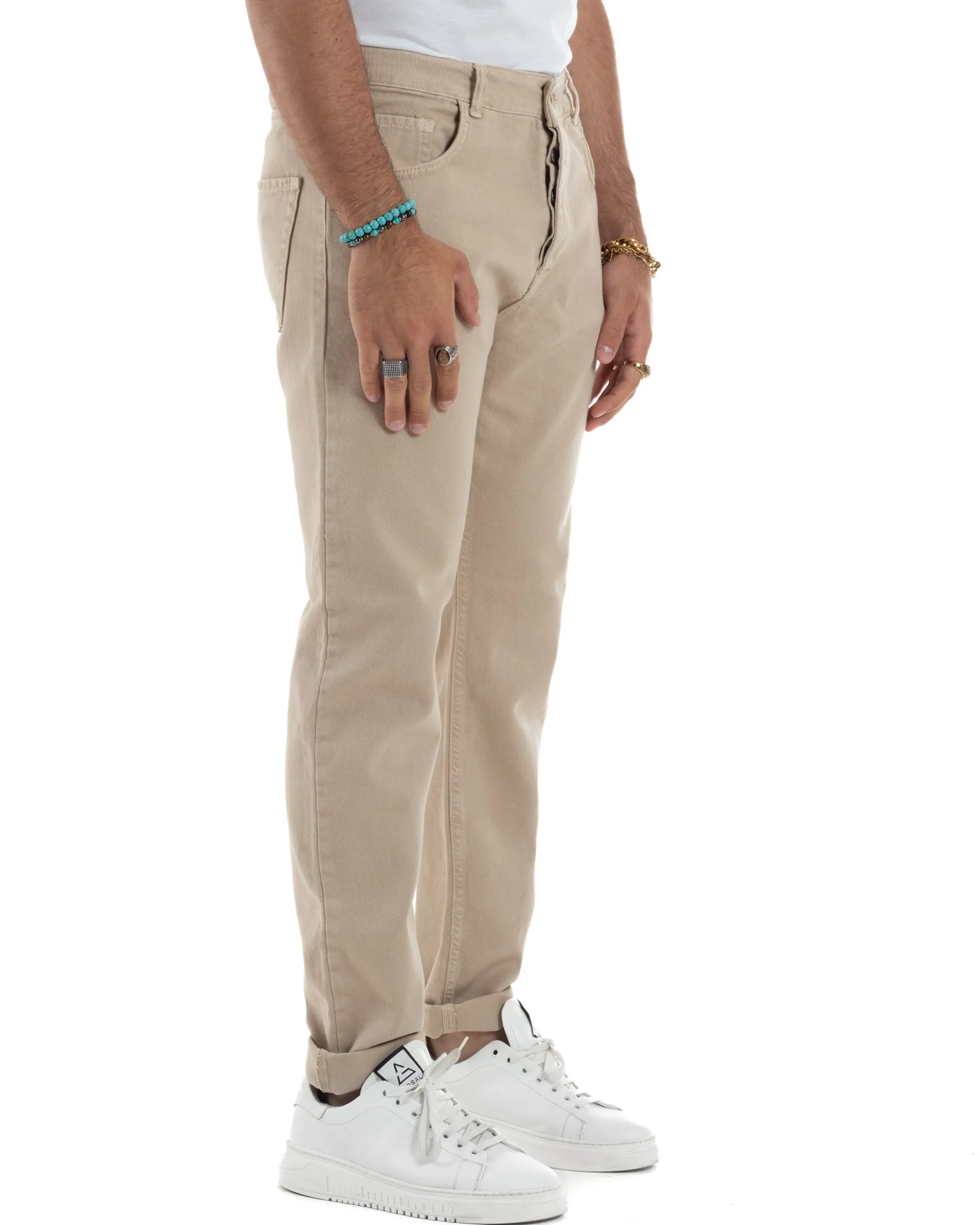 Jeans Uomo Loose Fit Pantaloni Cotone Casual Basic Beige JS1113A