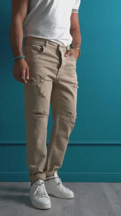 Jeans Uomo Loose Fit Pantaloni Con Rotture Casual Basic Beige JS1107A