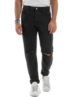 Jeans Uomo Loose Fit Pantaloni Taglio Ginocchio Casual Basic Nero JS1135A