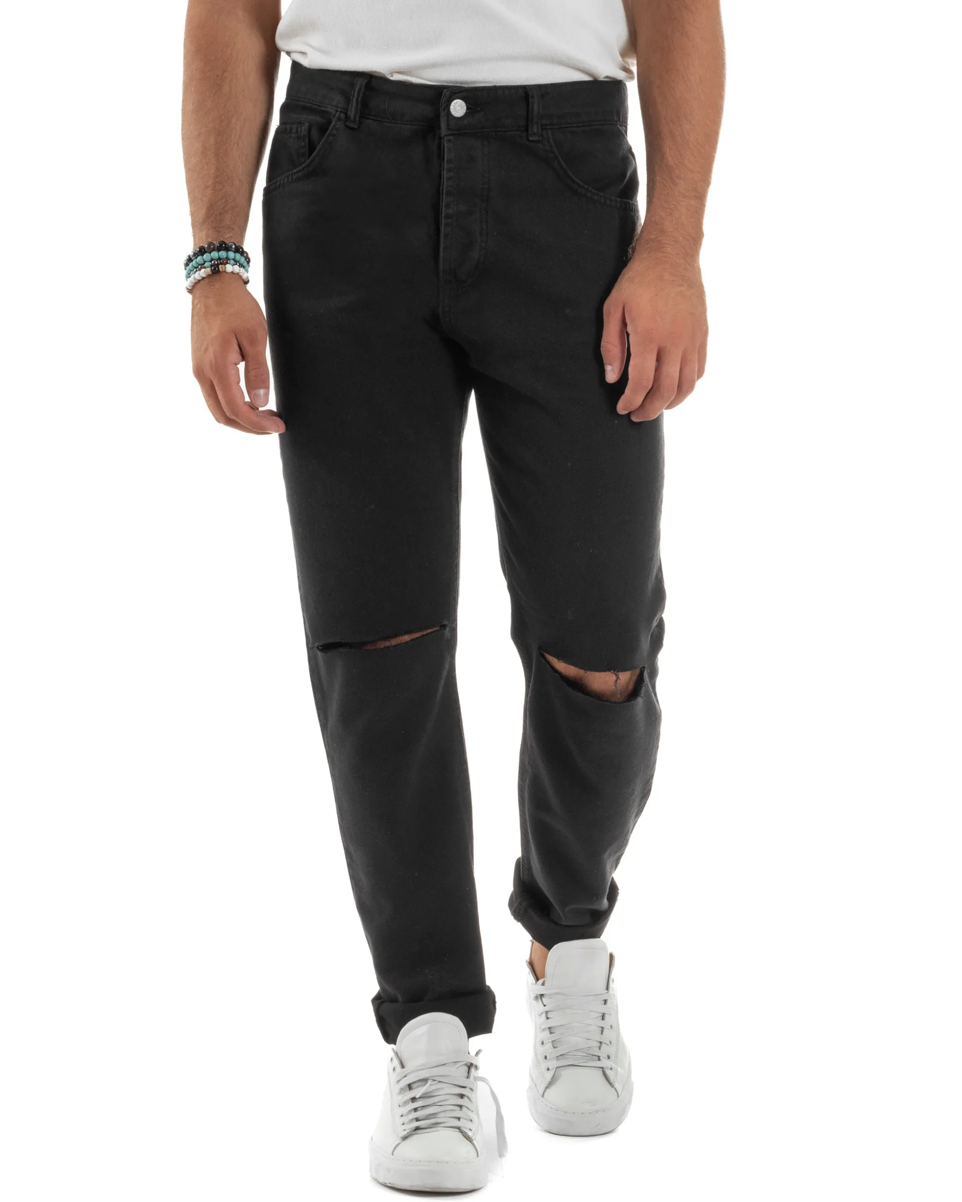 Jeans Uomo Loose Fit Pantaloni Taglio Ginocchio Casual Basic Nero JS1135A