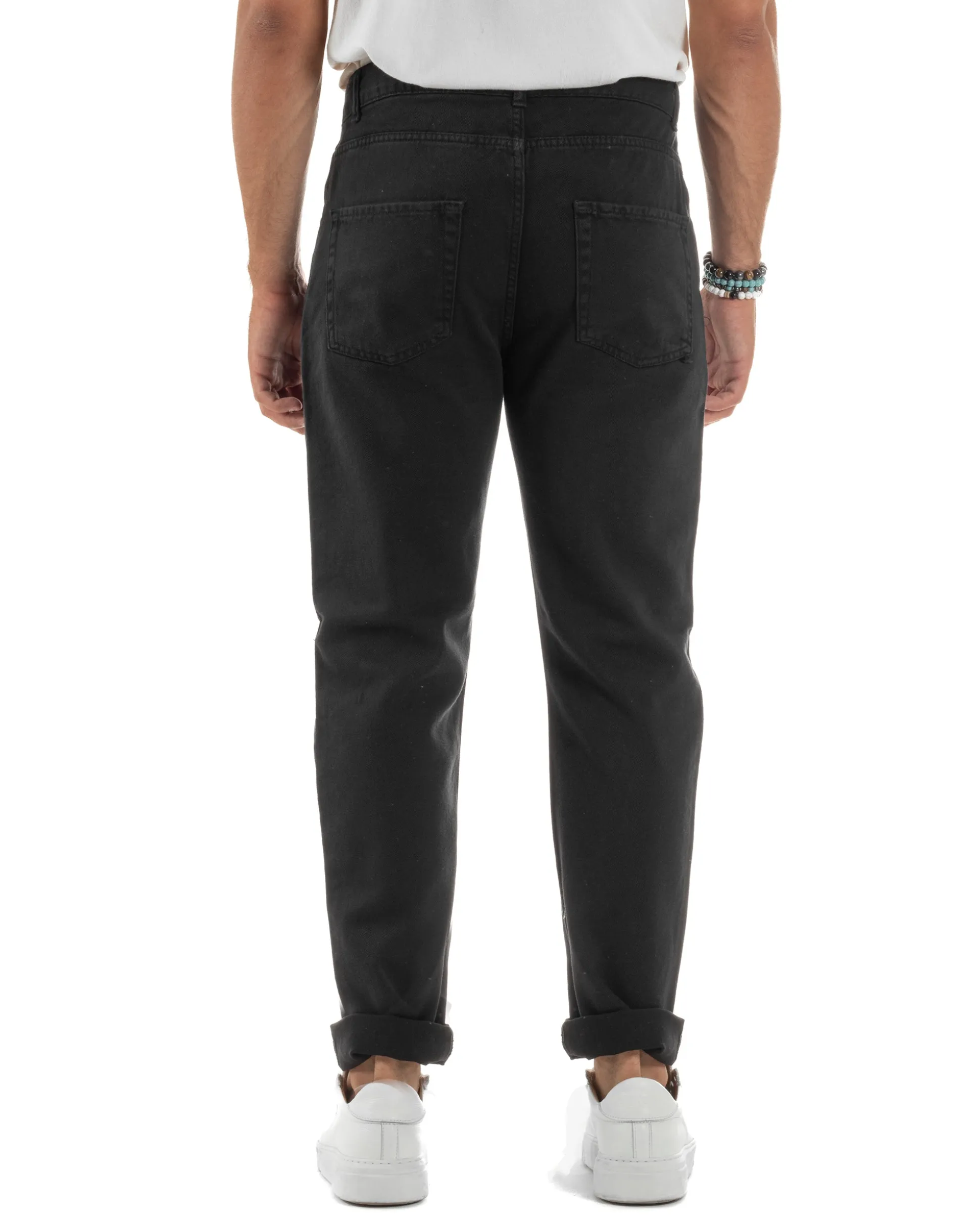Jeans Uomo Loose Fit Pantaloni Taglio Ginocchio Casual Basic Nero JS1135A