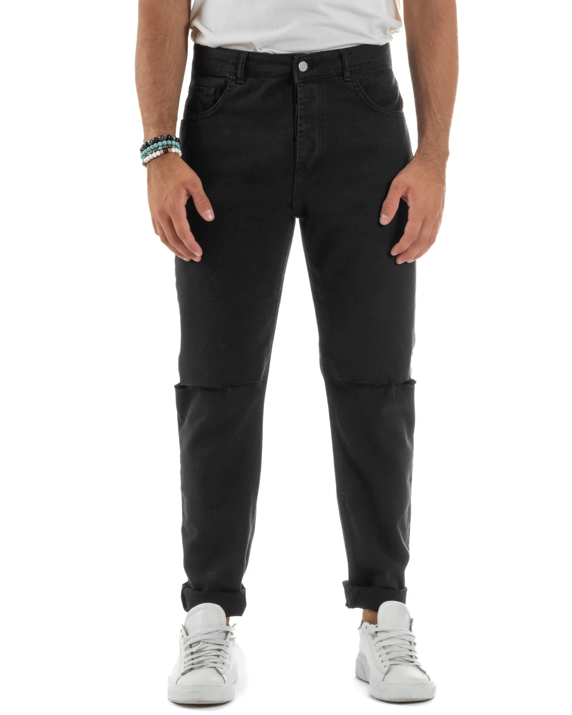 Jeans Uomo Loose Fit Pantaloni Taglio Ginocchio Casual Basic Nero JS1135A