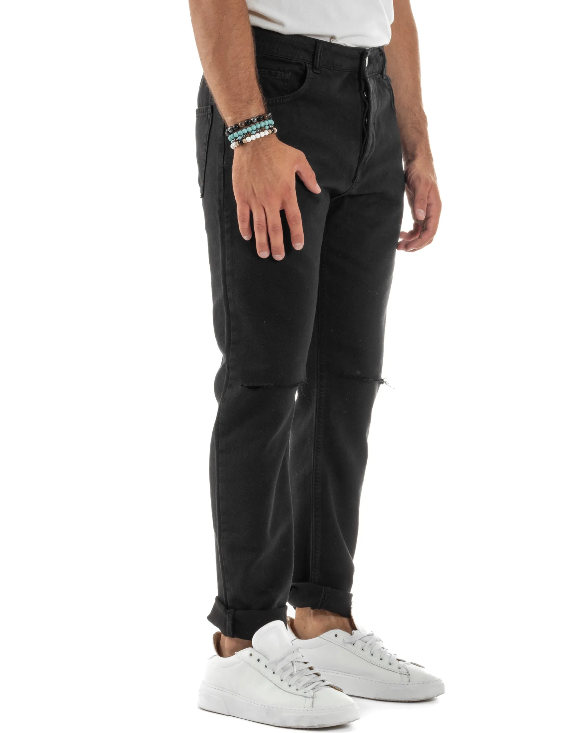 Jeans Uomo Loose Fit Pantaloni Taglio Ginocchio Casual Basic Nero JS1135A