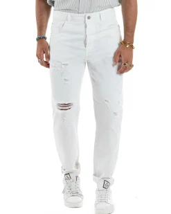 Jeans Uomo Loose Fit Pantaloni Con Rotture Casual Basic Bianco JS1108A
