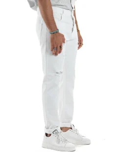 Jeans Uomo Loose Fit Pantaloni Con Rotture Casual Basic Bianco JS1108A