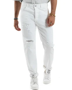 Jeans Uomo Loose Fit Pantaloni Con Rotture Casual Basic Bianco JS1108A