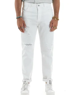 Jeans Uomo Loose Fit Pantaloni Con Rotture Casual Basic Bianco JS1108A