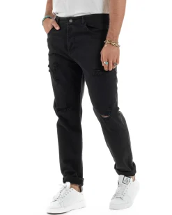 Jeans Uomo Loose Fit Pantaloni Con Rotture Casual Basic Nero JS1109A