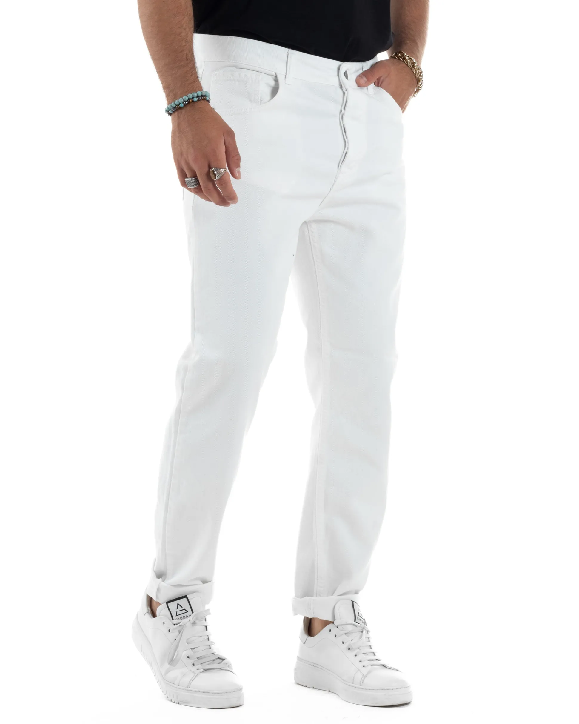 Jeans Uomo Loose Fit Pantaloni Cotone Casual Basic Bianco JS1115A