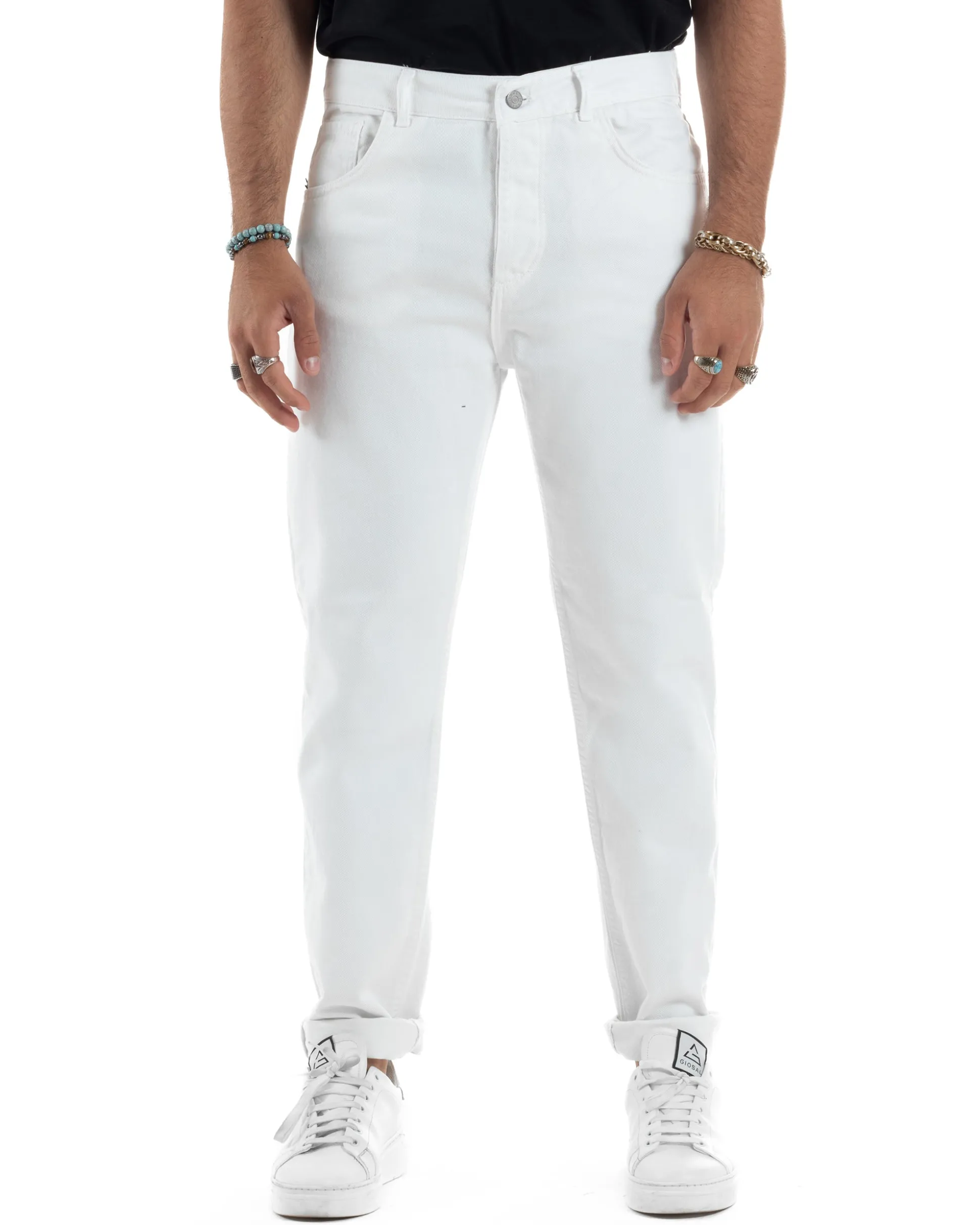 Jeans Uomo Loose Fit Pantaloni Cotone Casual Basic Bianco JS1115A