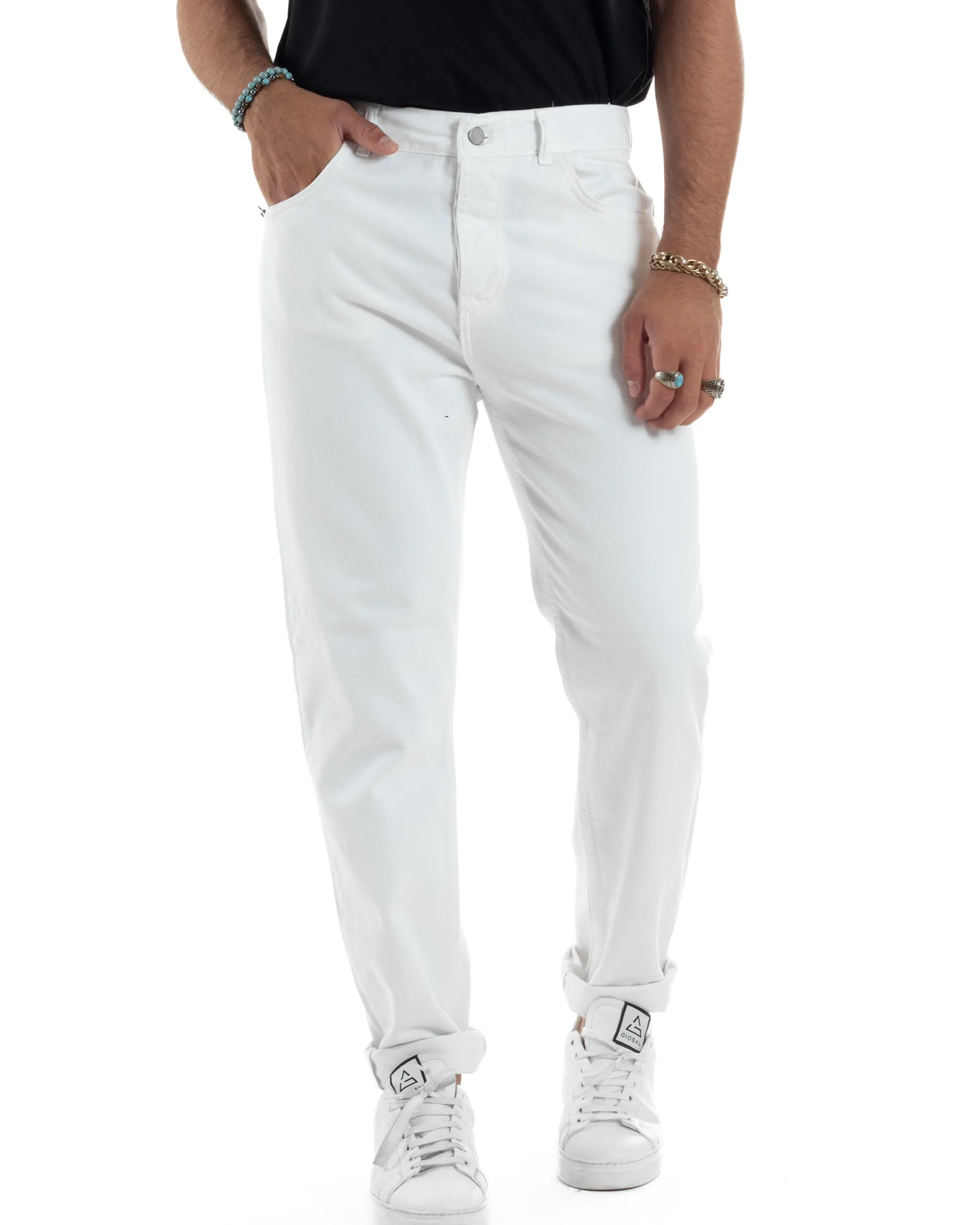 Jeans Uomo Loose Fit Pantaloni Cotone Casual Basic Bianco JS1115A