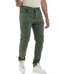 Jeans Uomo Loose Fit Pantaloni Con Rotture Casual Basic Verde JS1110A