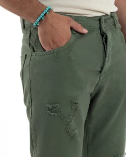 Jeans Uomo Loose Fit Pantaloni Con Rotture Casual Basic Verde JS1110A