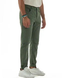 Jeans Uomo Loose Fit Pantaloni Taglio Ginocchio Casual Basic Verde JS1136A