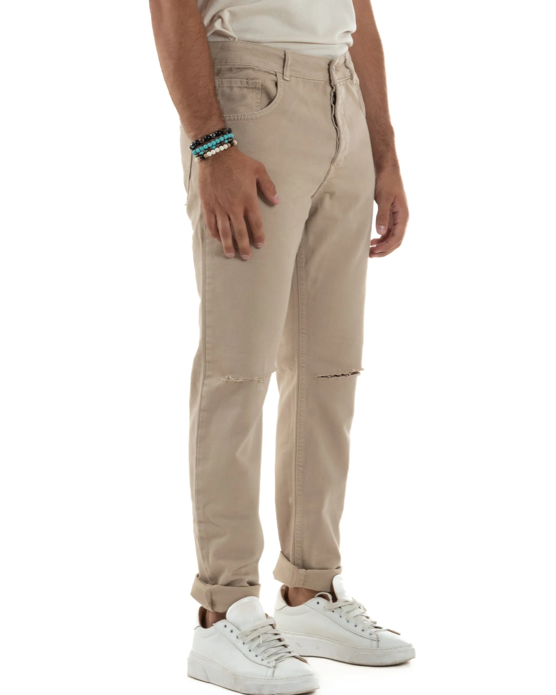 Jeans Uomo Loose Fit Pantaloni Taglio Ginocchio Casual Basic Beige JS1134A