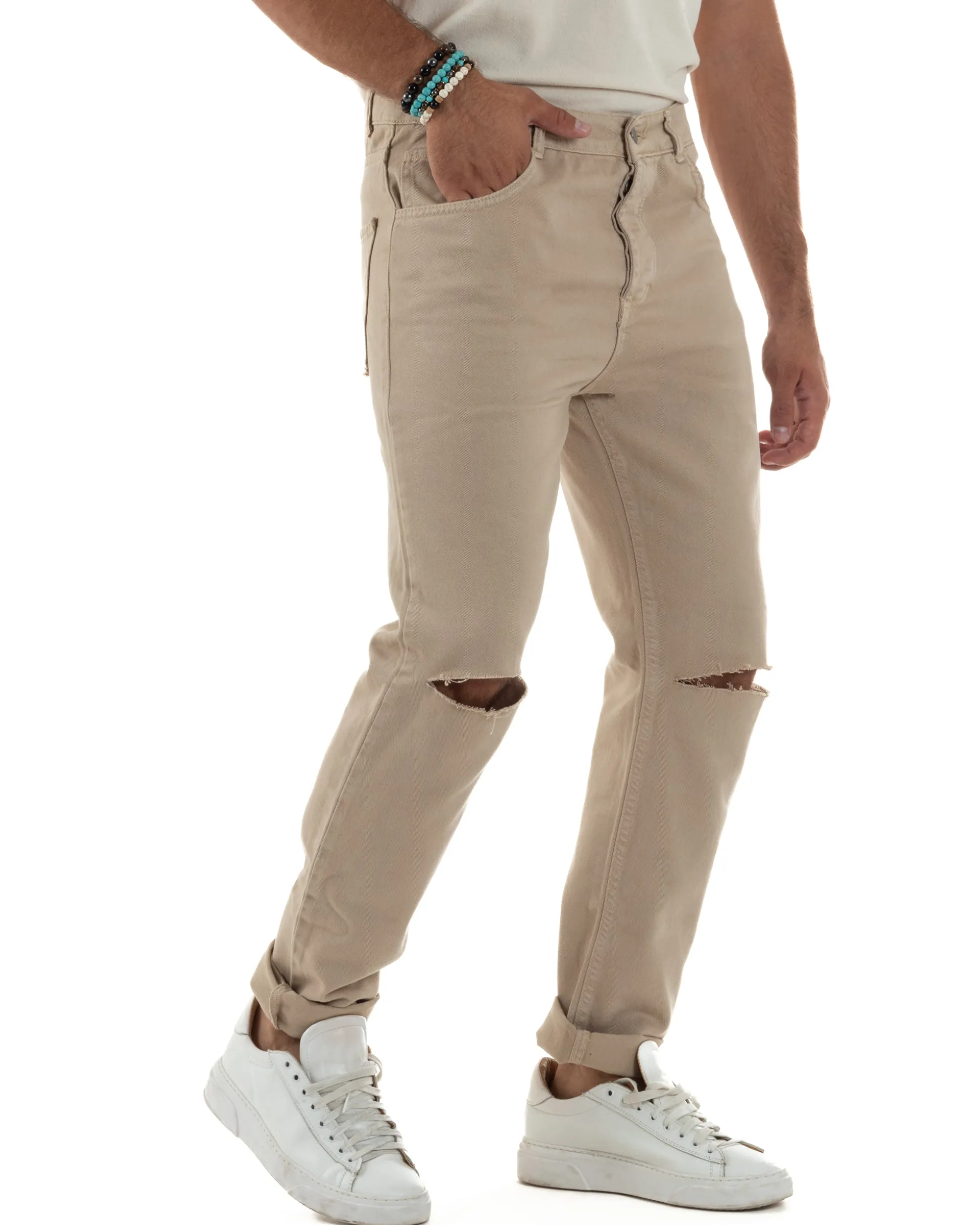 Jeans Uomo Loose Fit Pantaloni Taglio Ginocchio Casual Basic Beige JS1134A