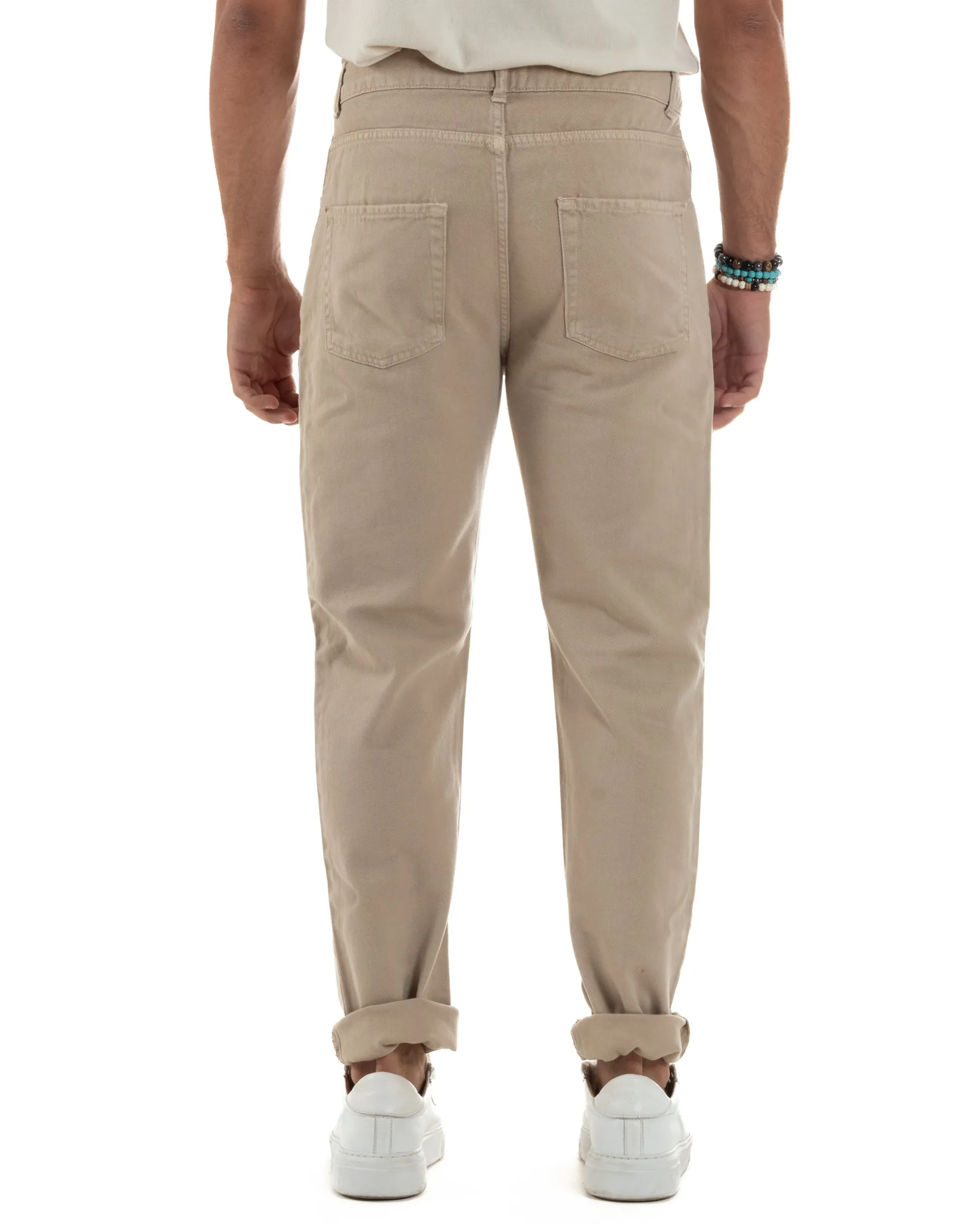 Jeans Uomo Loose Fit Pantaloni Taglio Ginocchio Casual Basic Beige JS1134A