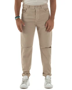 Jeans Uomo Loose Fit Pantaloni Taglio Ginocchio Casual Basic Beige JS1134A