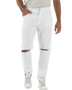 Jeans Uomo Loose Fit Pantaloni Taglio Ginocchio Casual Basic Bianco JS1133A